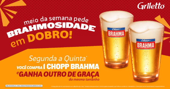 Griletto oferece chopp em dobro de segunda à quinta-feira, a partir da próxima segunda