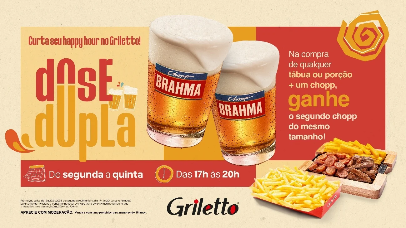 Happy hour do Griletto terá chopp em dobro para quem comprar bebida com tábua ou porção